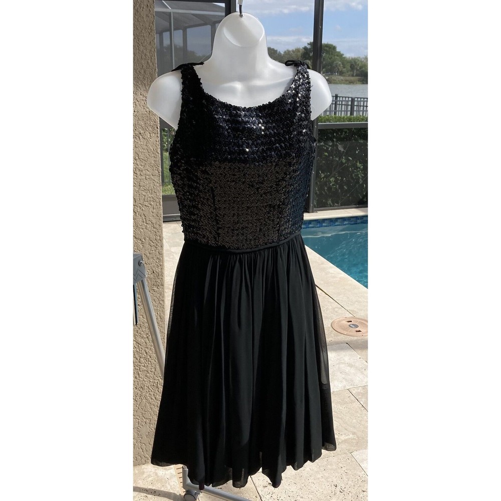 Vintage 60s Union Made Black Sequin Chiffon Cocktail Dress Detachable Train S